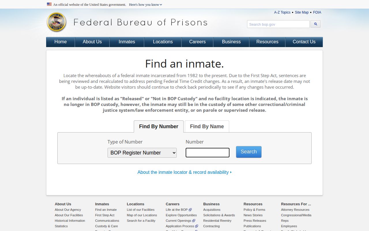 Federal Bureau of Prisons inmate locator showing the released-result pathway