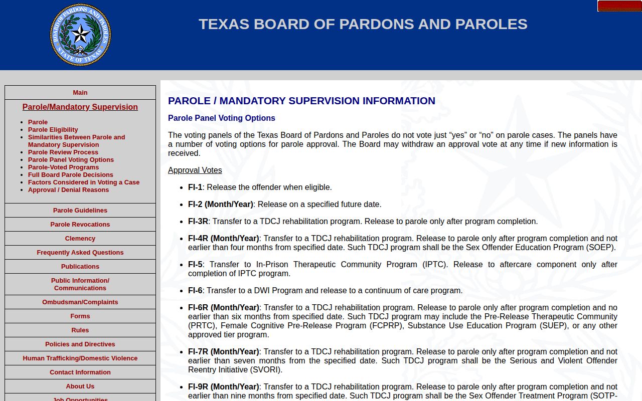 Texas parole result codes affecting Guadalupe County inmate release dates