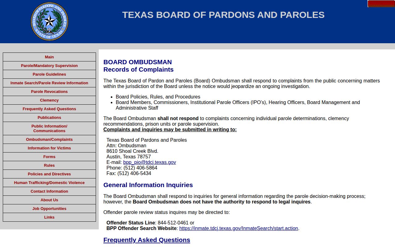 Texas Board of Pardons and Paroles offender results and status information