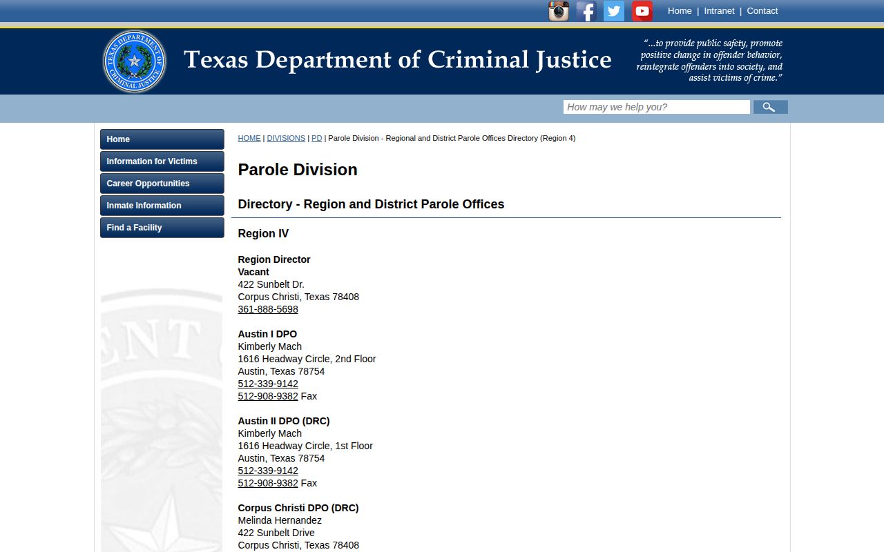 Seguin District Parole Office release supervision contact for Guadalupe County
