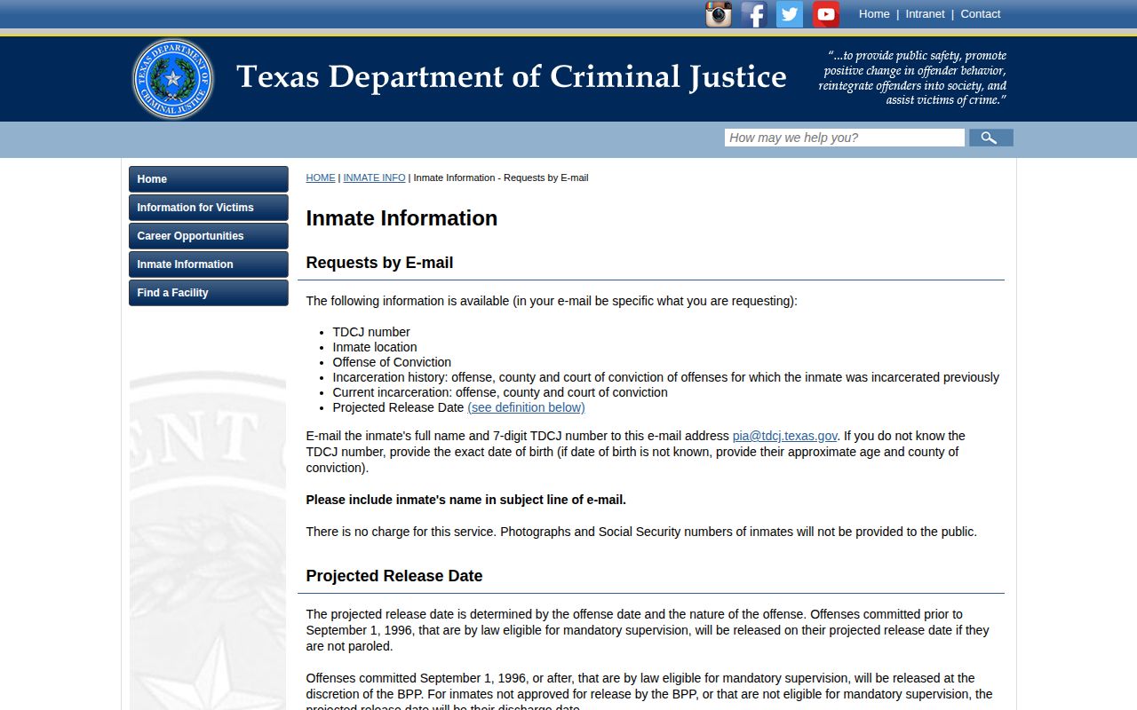 TDCJ release record email fallback and projected date definition for Guadalupe County cases