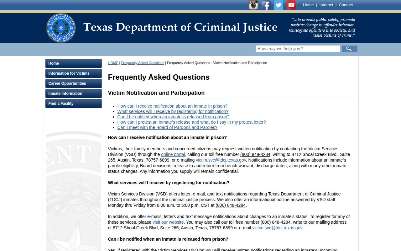 TDCJ IVSS state release notification information for Guadalupe County cases