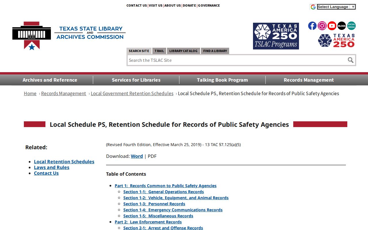 Texas local retention schedule for jail registers and release records